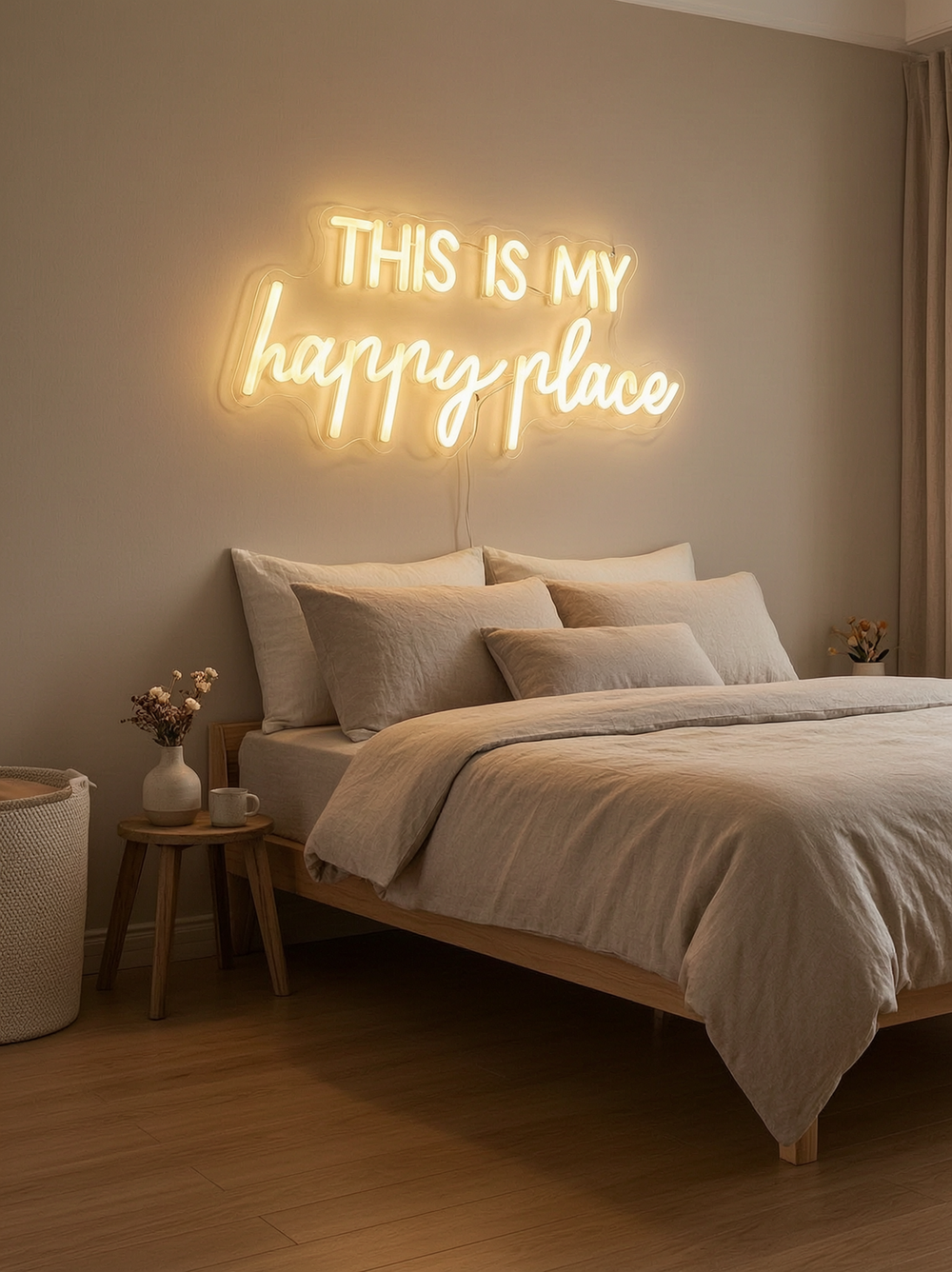 A warm white This Is My Happy Place neon sign above a bed