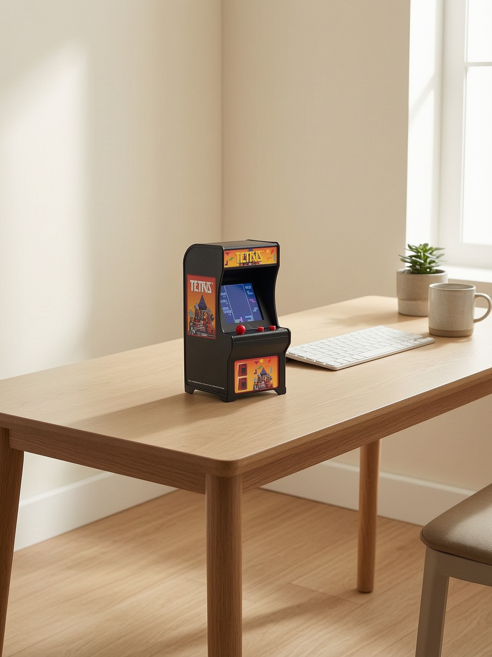 A tiny playable Tetris arcade cabinet on a desk