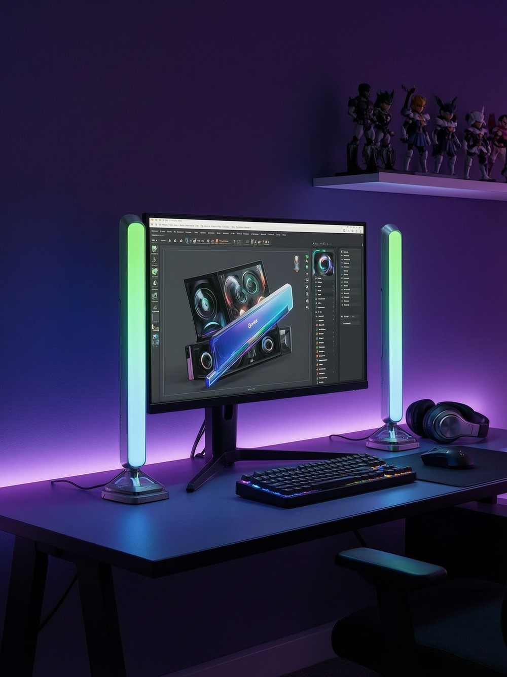 RGB gaming light bars beside a monitor in a dark room