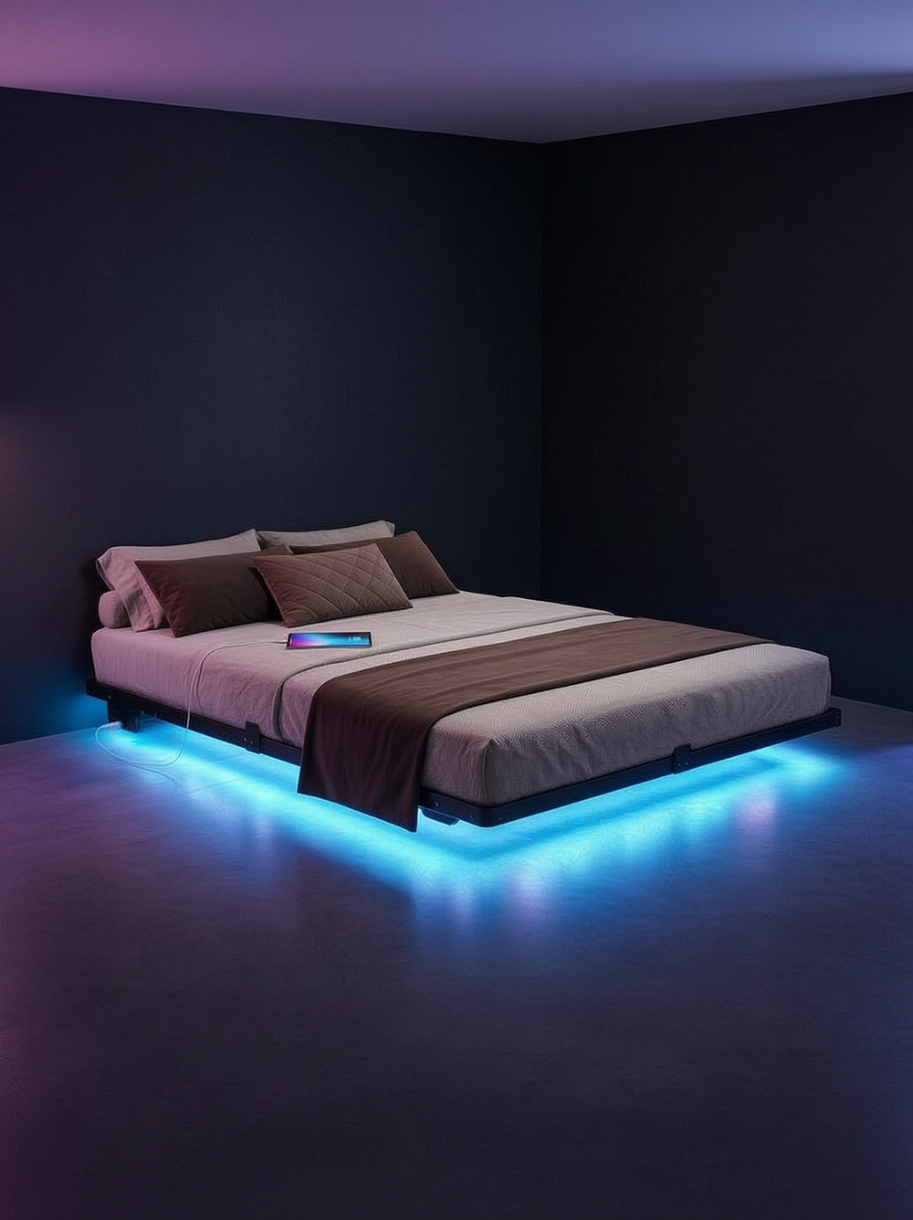 A queen floating bed frame with LED lights glowing underneath