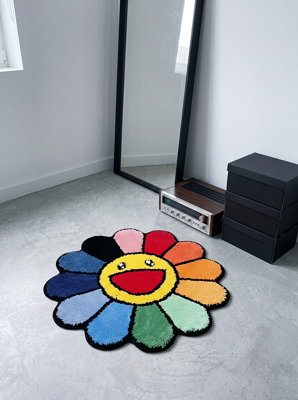 A handmade flower rug on a bedroom floor