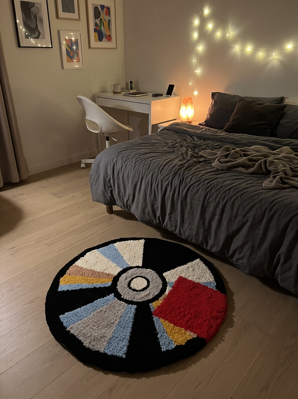 A round CD-pattern rug on a bedroom floor