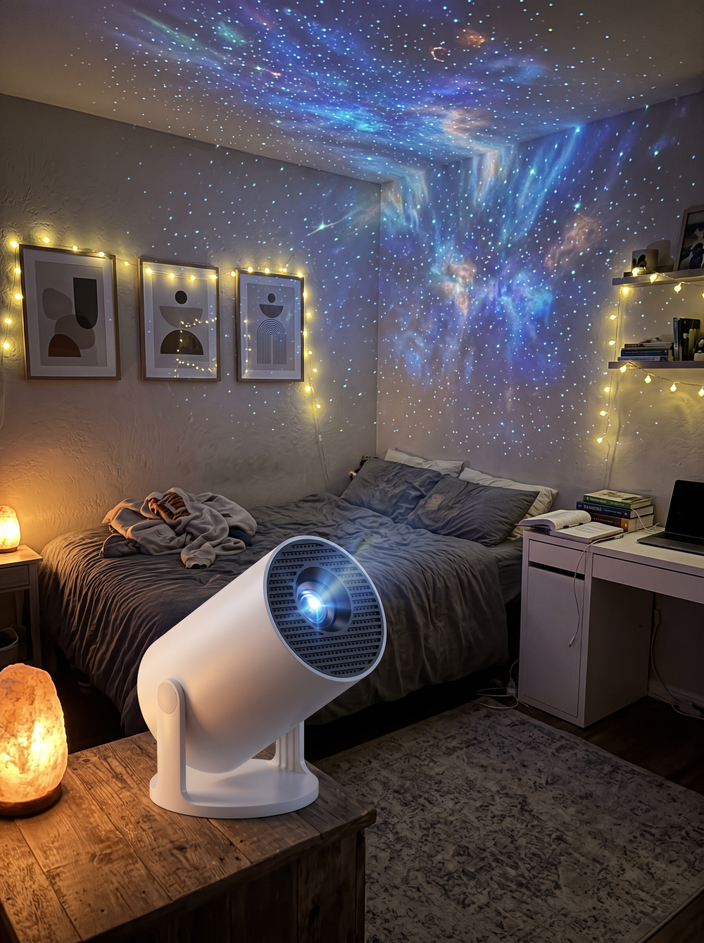 A mini projector casting a starry sky on a bedroom ceiling
