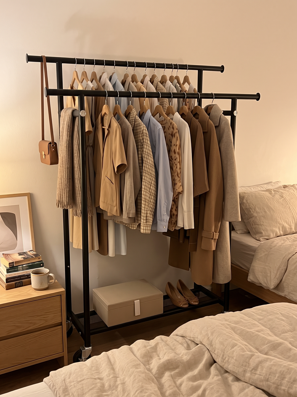 A black double-rod rolling clothes rack full of neutral clothes