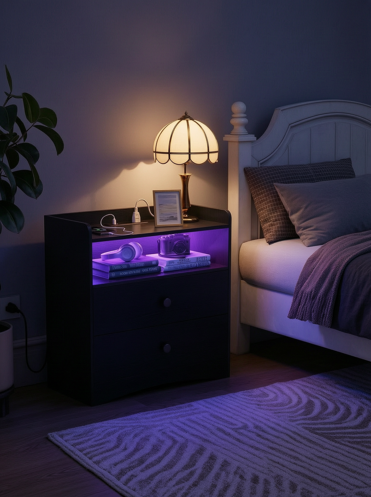 Black Nightstand with LED Lights and Charging