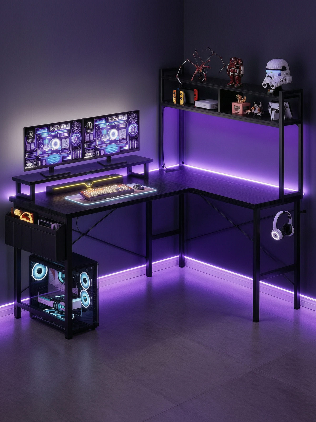 L-Shaped Gaming Desk with Outlets and LED