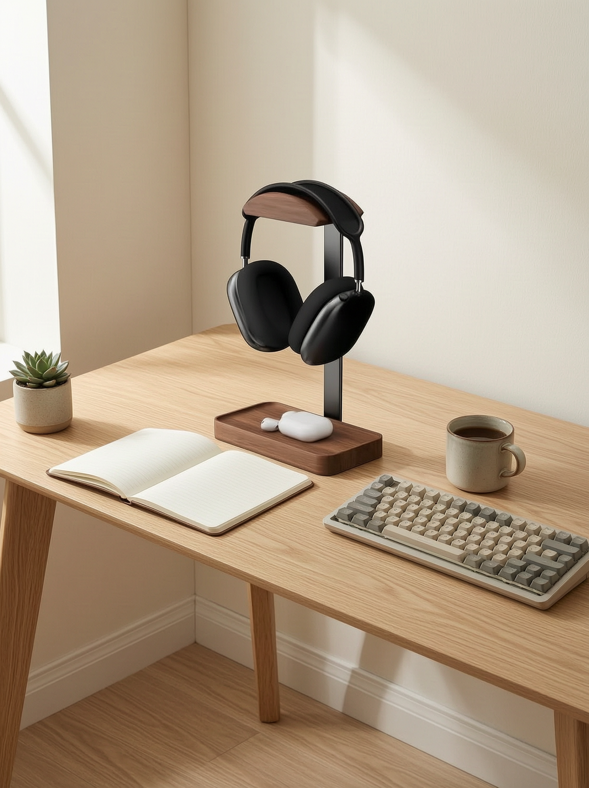 Solid Walnut Headphone Stand with Tray