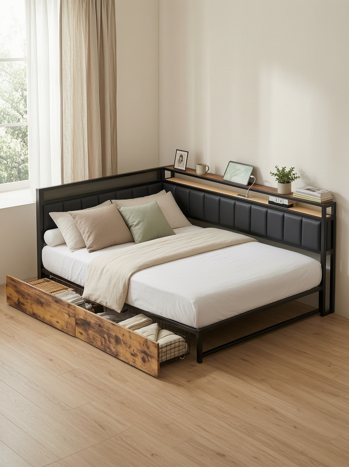 Corner Daybed with Storage Drawers, Black