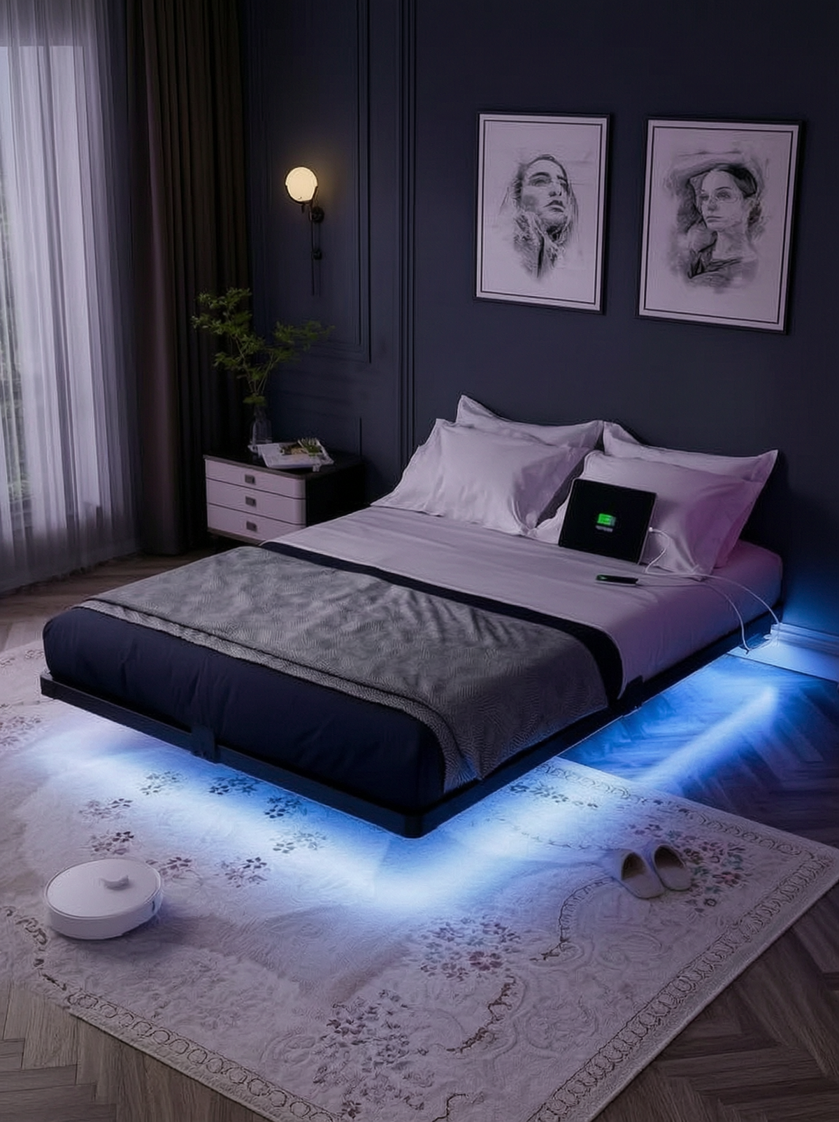 Full Floating Bed Frame with LED Lights