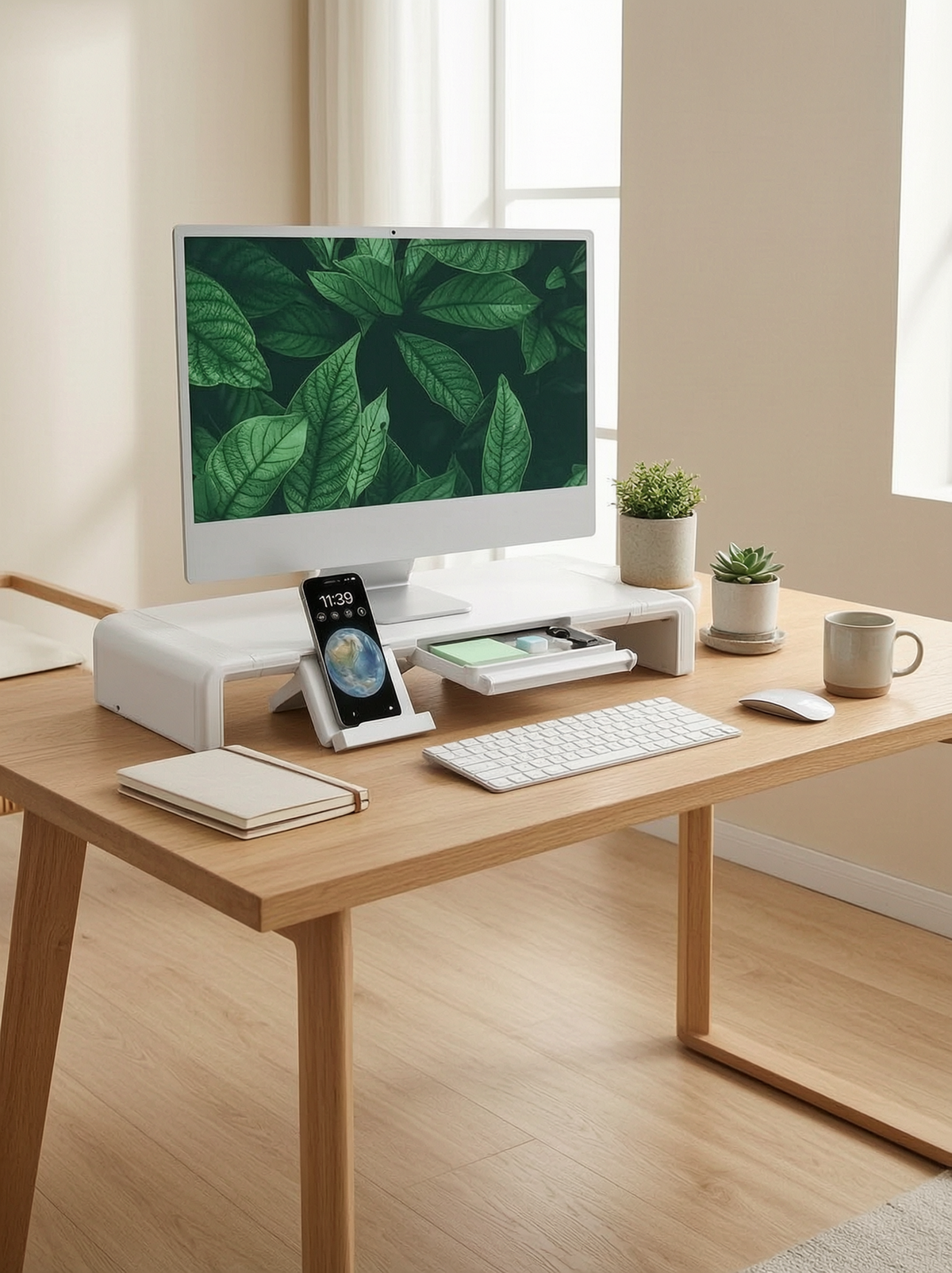 Foldable Monitor Riser with Drawer, White