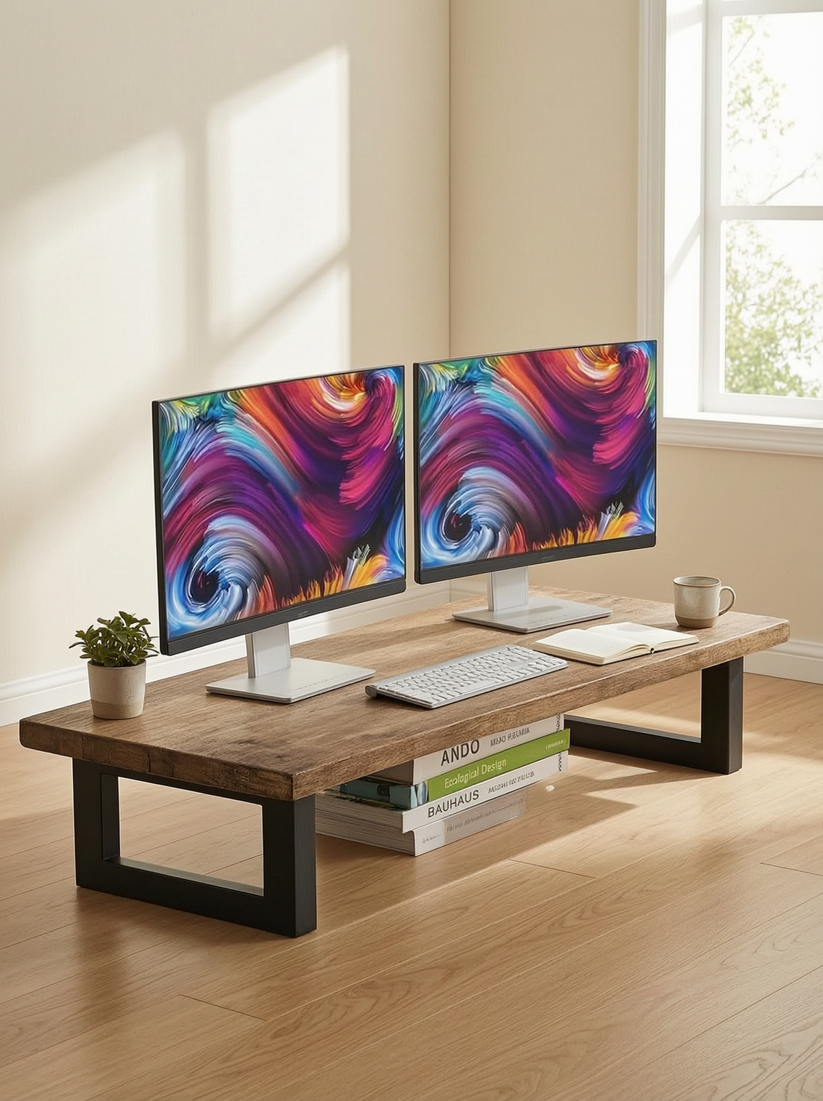 Wood & Steel Dual Monitor Stand, Rustic Brown