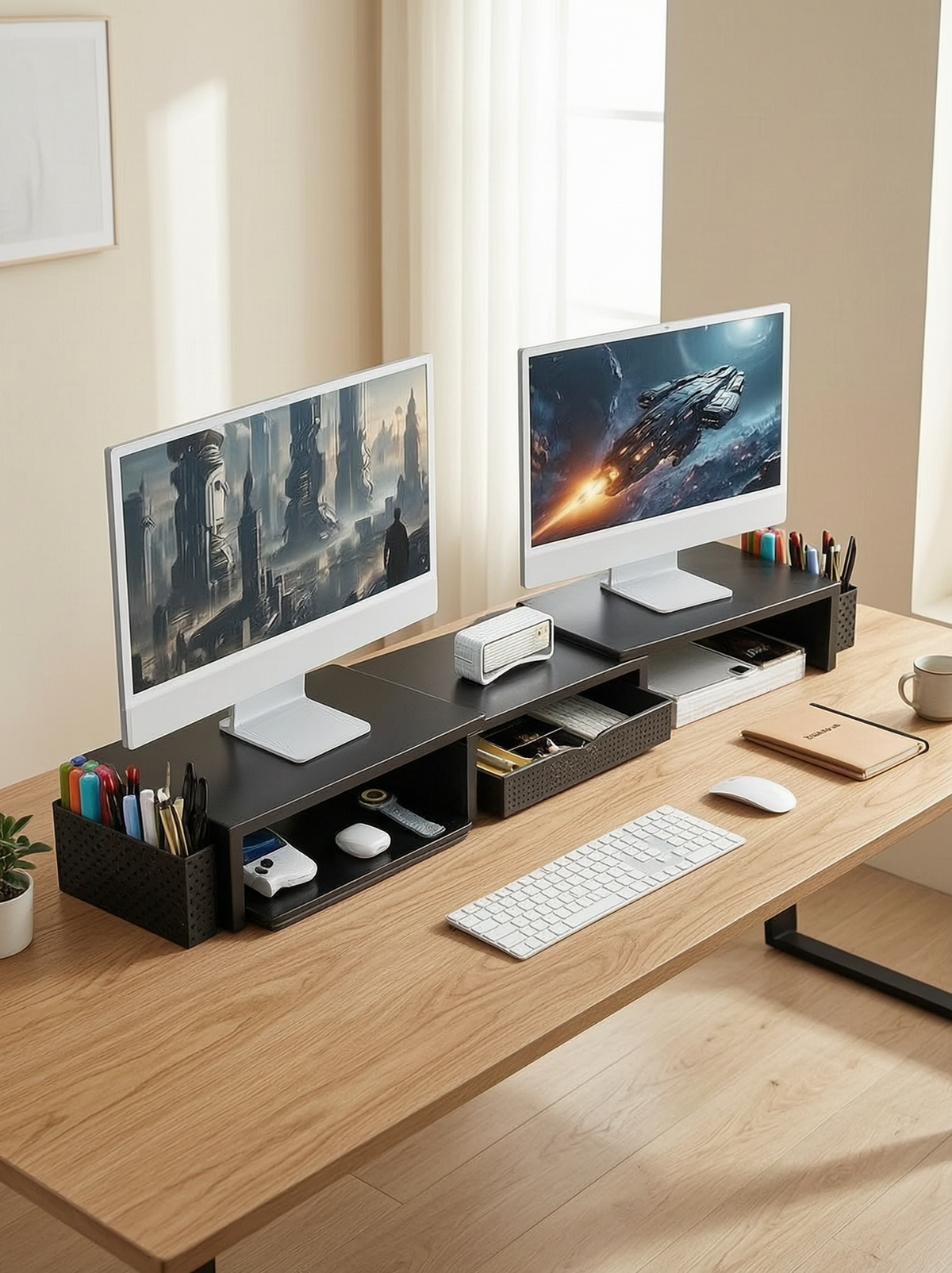 Dual Monitor Riser with Drawer & Pen Holders