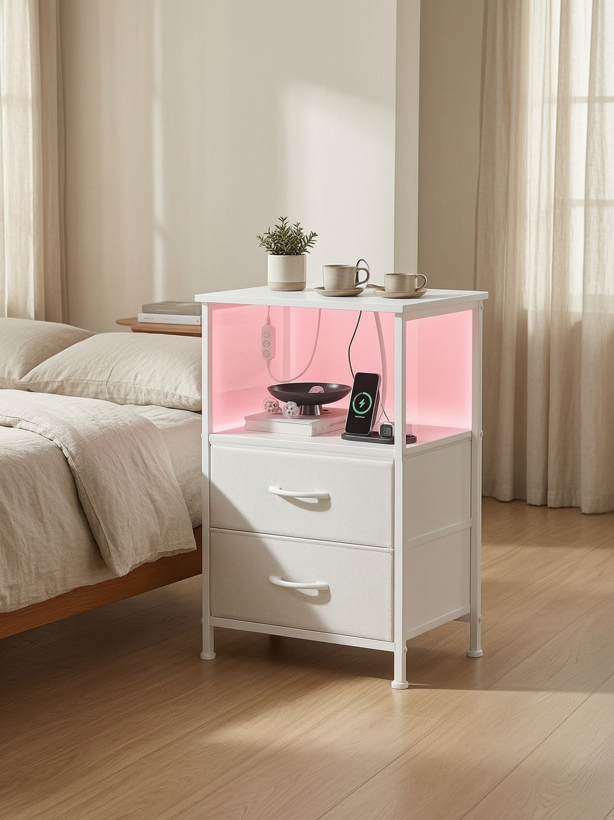 Fabric Drawer Nightstand with LED, White
