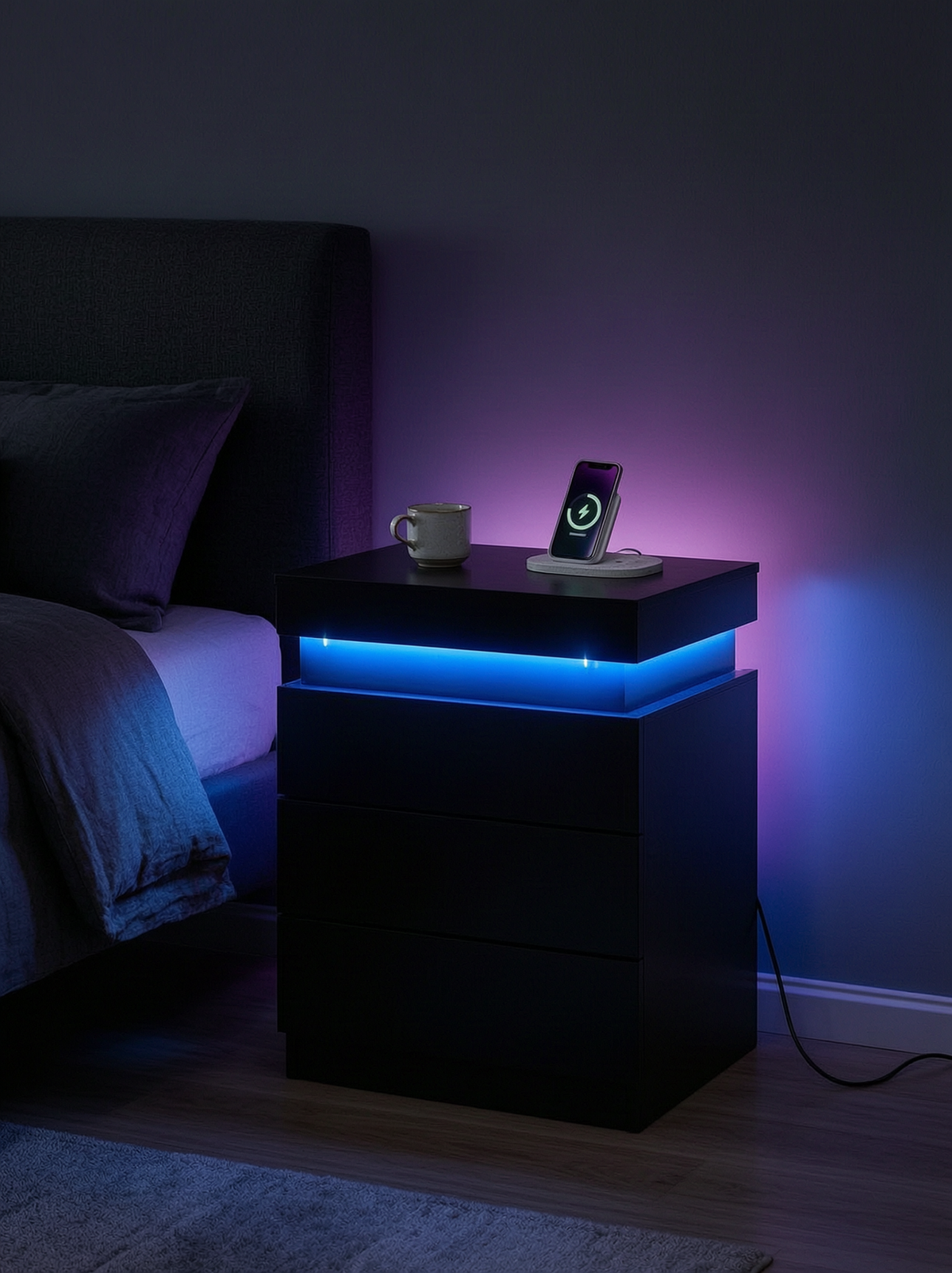Smart RGB Nightstand with Sliding Top, Black