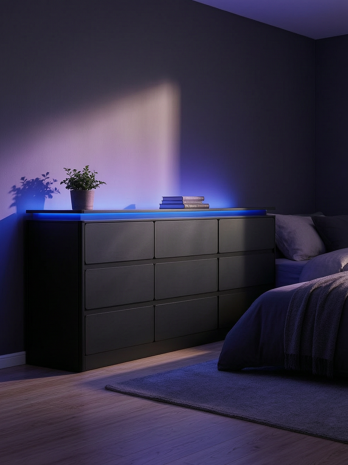63 in 9-Drawer Dresser with LED, Black
