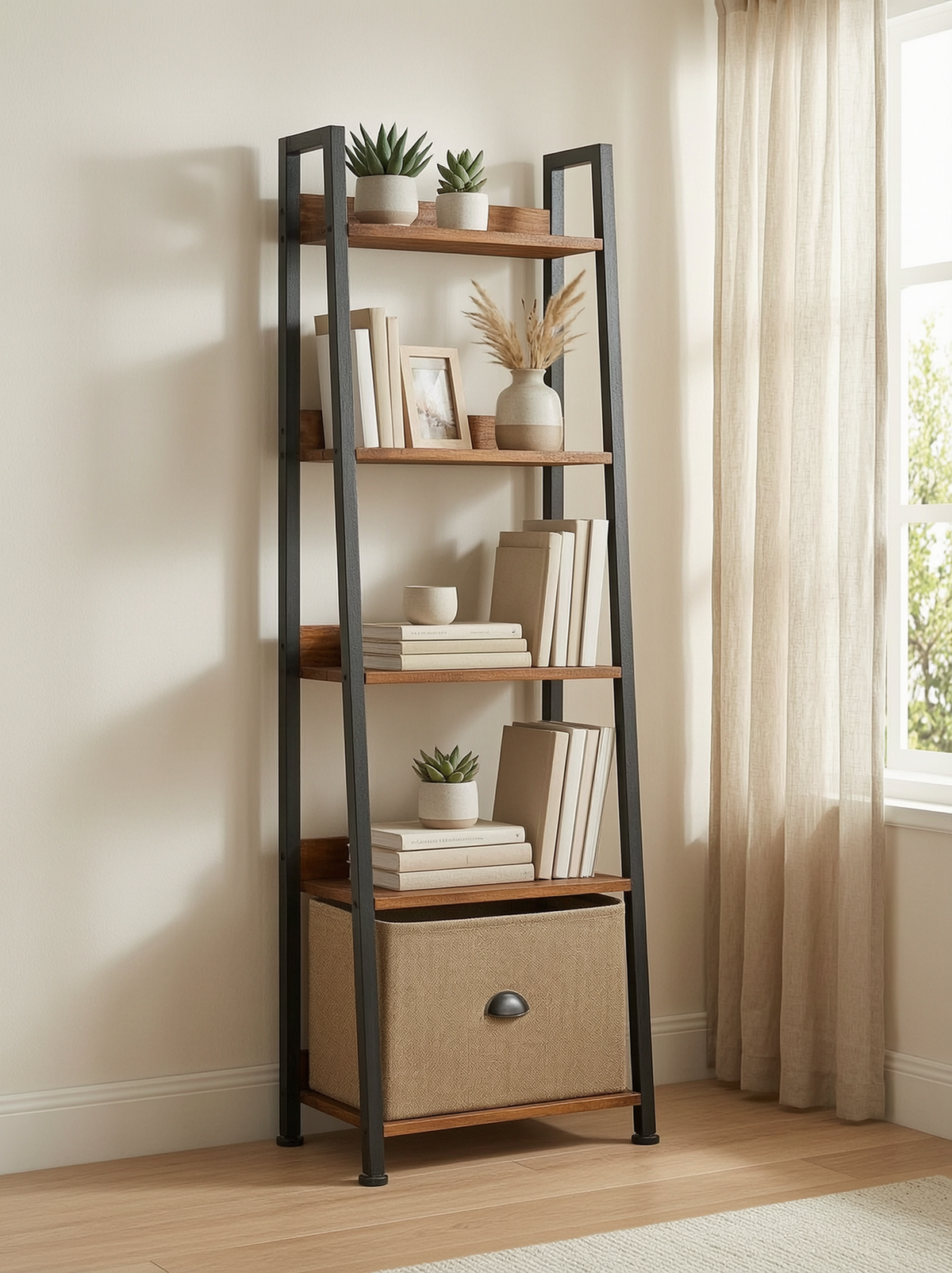 5-Tier Ladder Shelf with Fabric Drawer