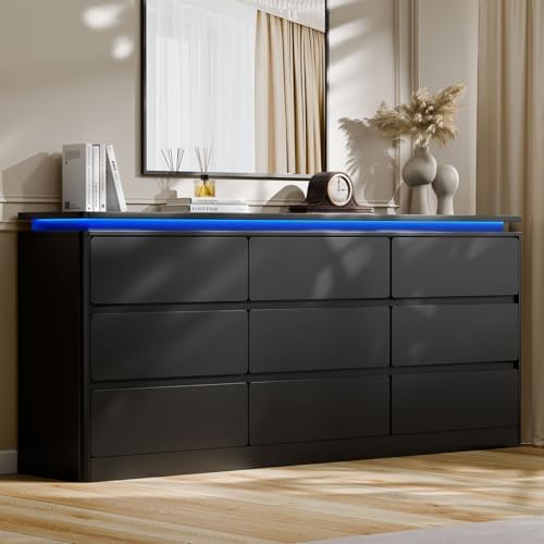 63 in 9-Drawer Dresser with LED, Black, photo 2