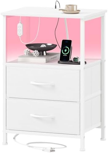 Fabric Drawer Nightstand with LED, White, photo 2