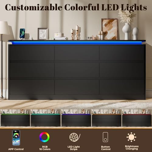 63 in 9-Drawer Dresser with LED, Black, photo 5