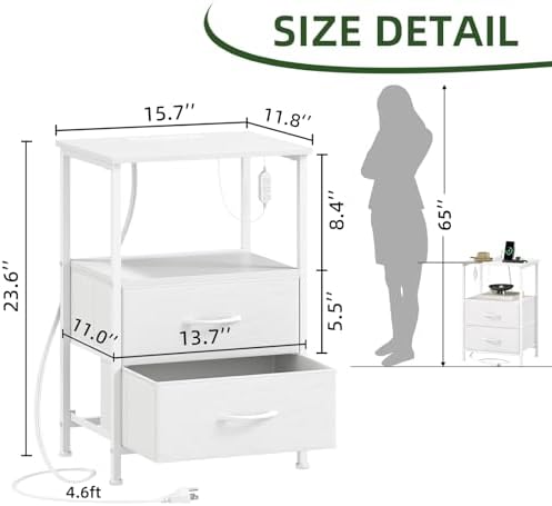 Fabric Drawer Nightstand with LED, White, photo 4