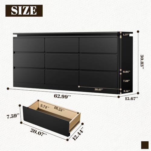 63 in 9-Drawer Dresser with LED, Black, photo 3