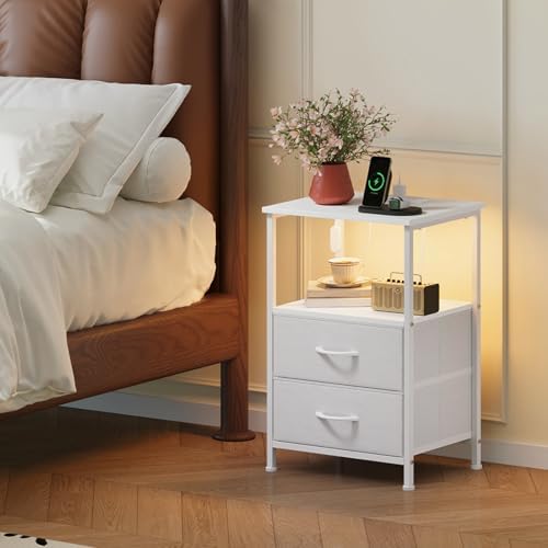 Fabric Drawer Nightstand with LED, White, photo 3