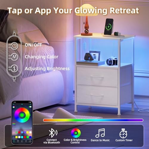 Fabric Drawer Nightstand with LED, White, photo 5