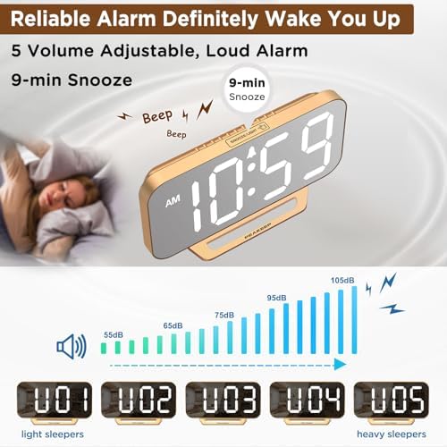 Slim Mirror Digital Alarm Clock, Gold, photo 6