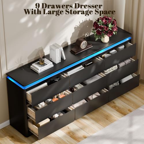 63 in 9-Drawer Dresser with LED, Black, photo 4