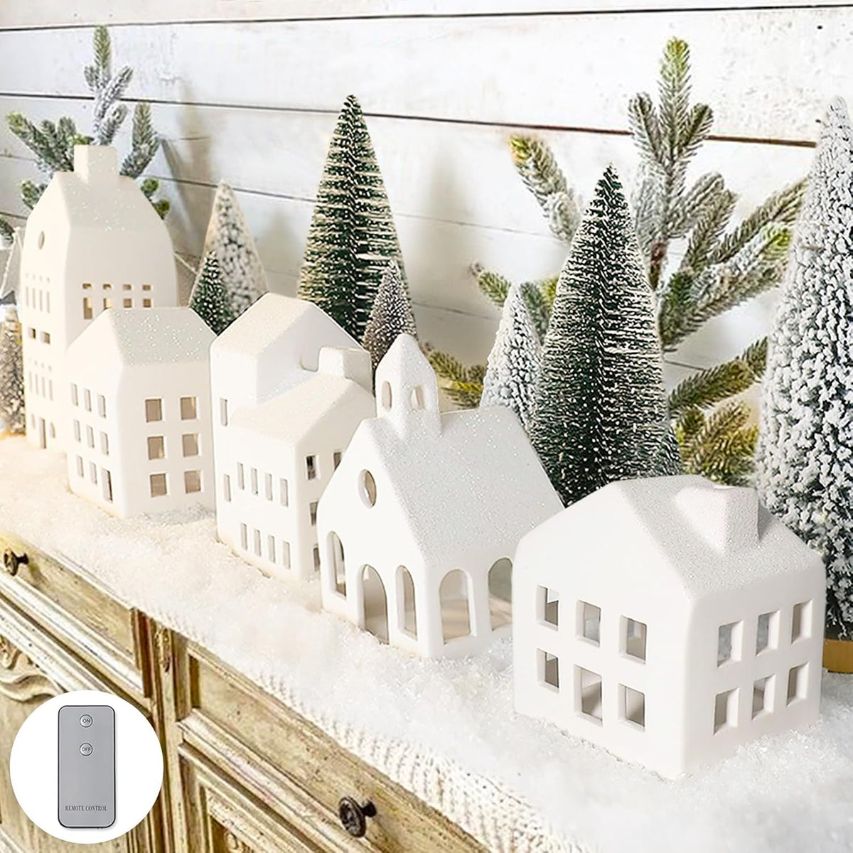 Lighted Ceramic Christmas Village, 5 Houses & 9 Trees, photo 2