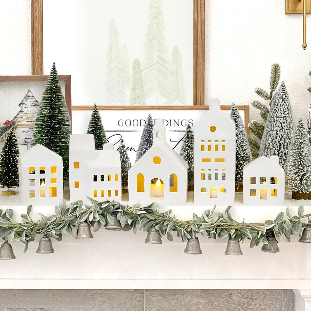 Lighted Ceramic Christmas Village, 5 Houses & 9 Trees, photo 5