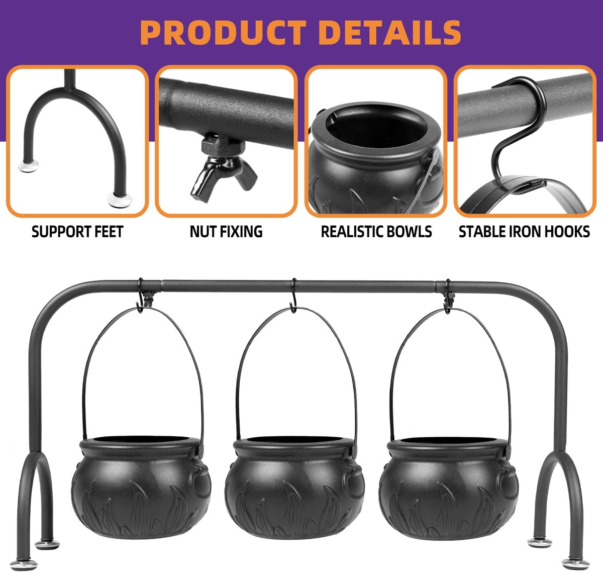 Witch Cauldron Candy Bowls on Rack, Set of 3, photo 5