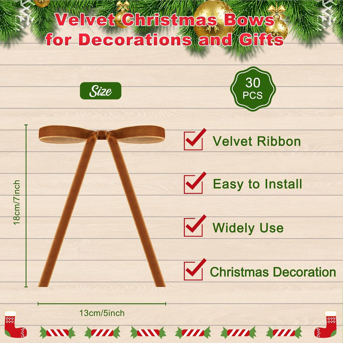 Velvet Christmas Bows, Khaki, 30-Pack, photo 3