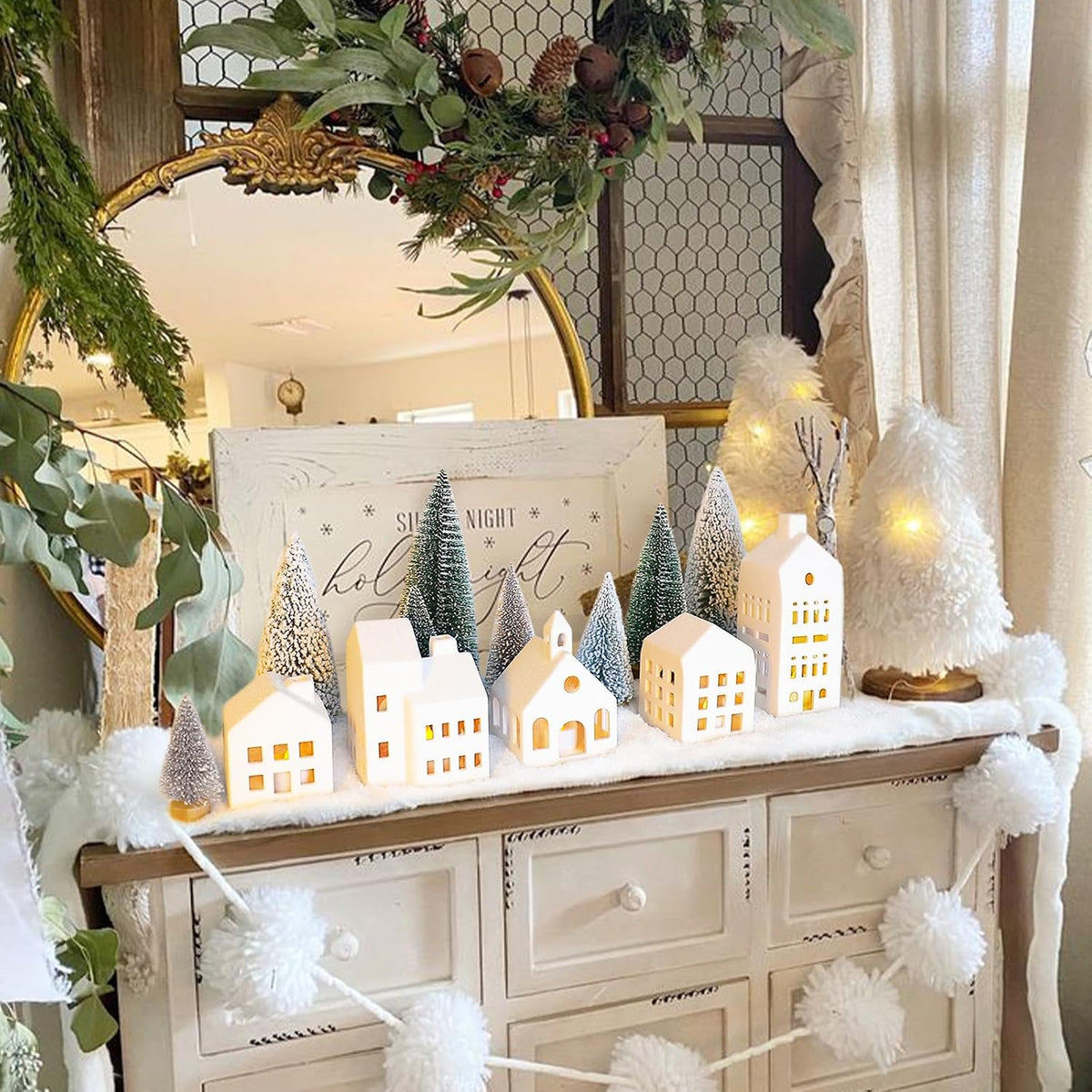 Lighted Ceramic Christmas Village, 5 Houses & 9 Trees, photo 7