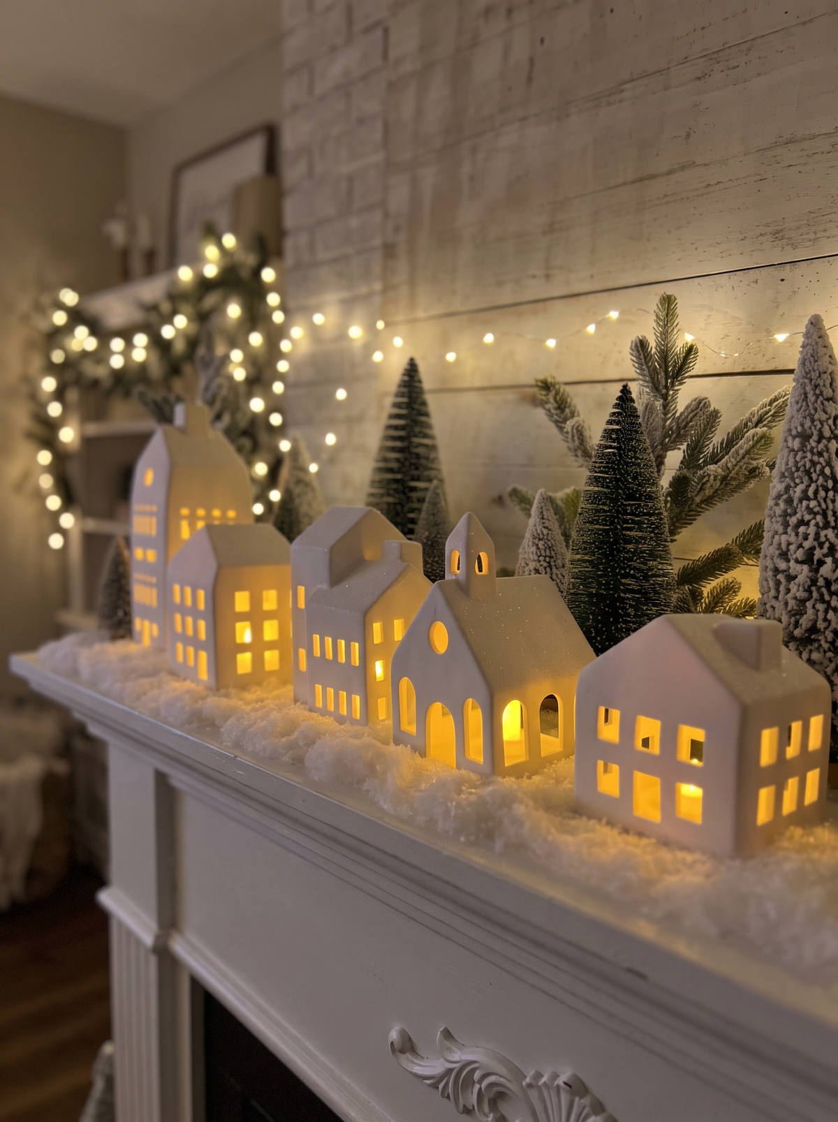 Lighted Ceramic Christmas Village, 5 Houses & 9 Trees