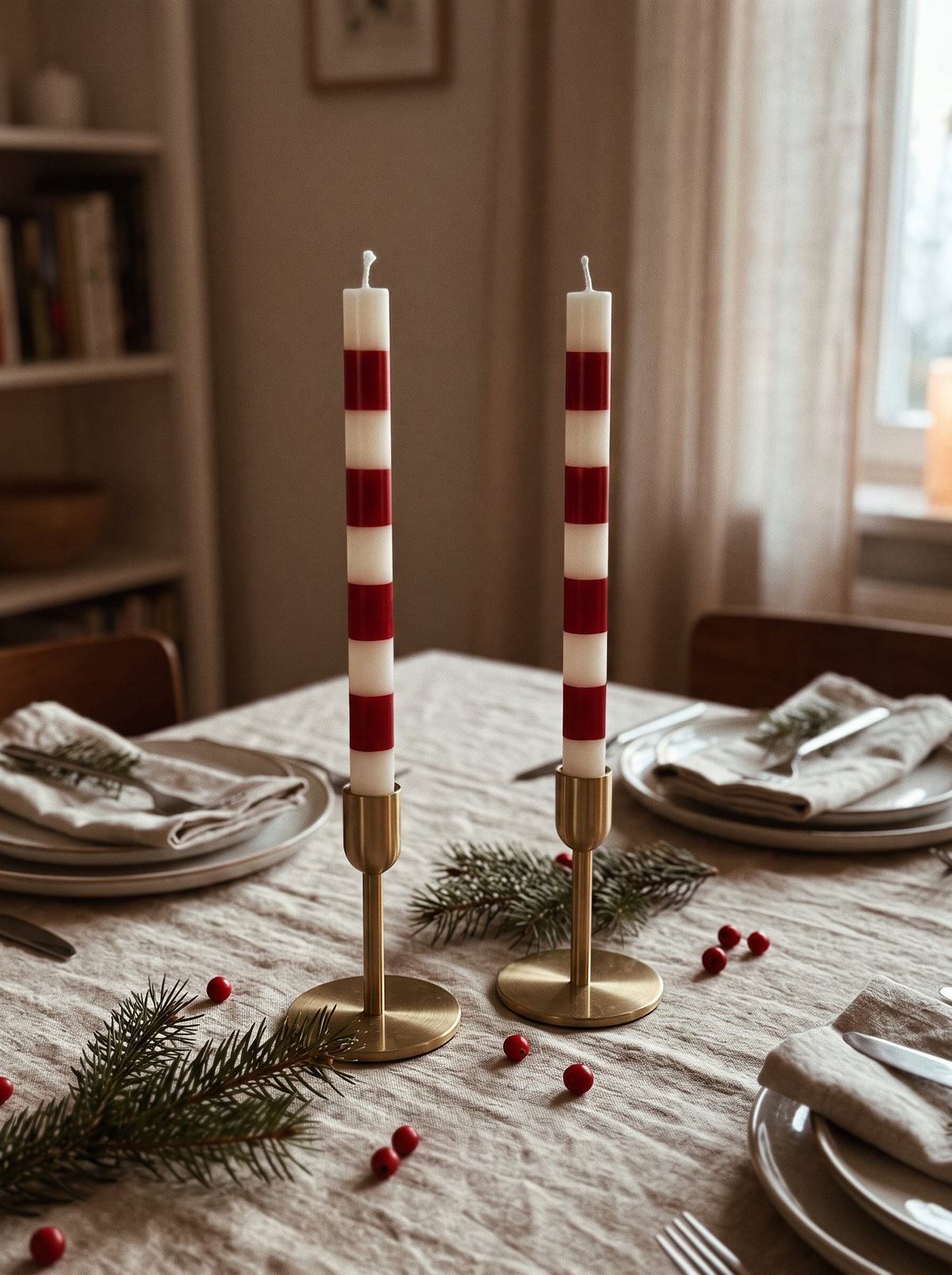 Striped Taper Candles, Red & Cream, Set of 2