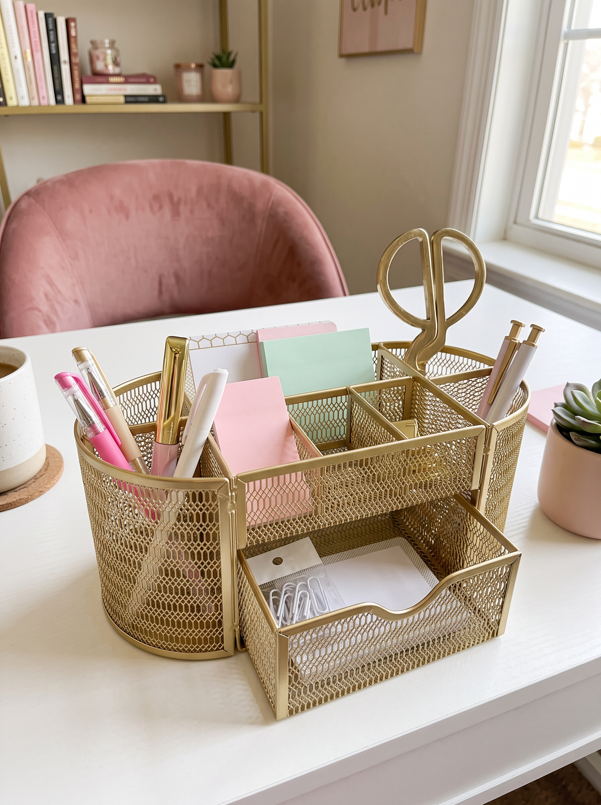 Gold Mesh Desk Organizer with Drawer